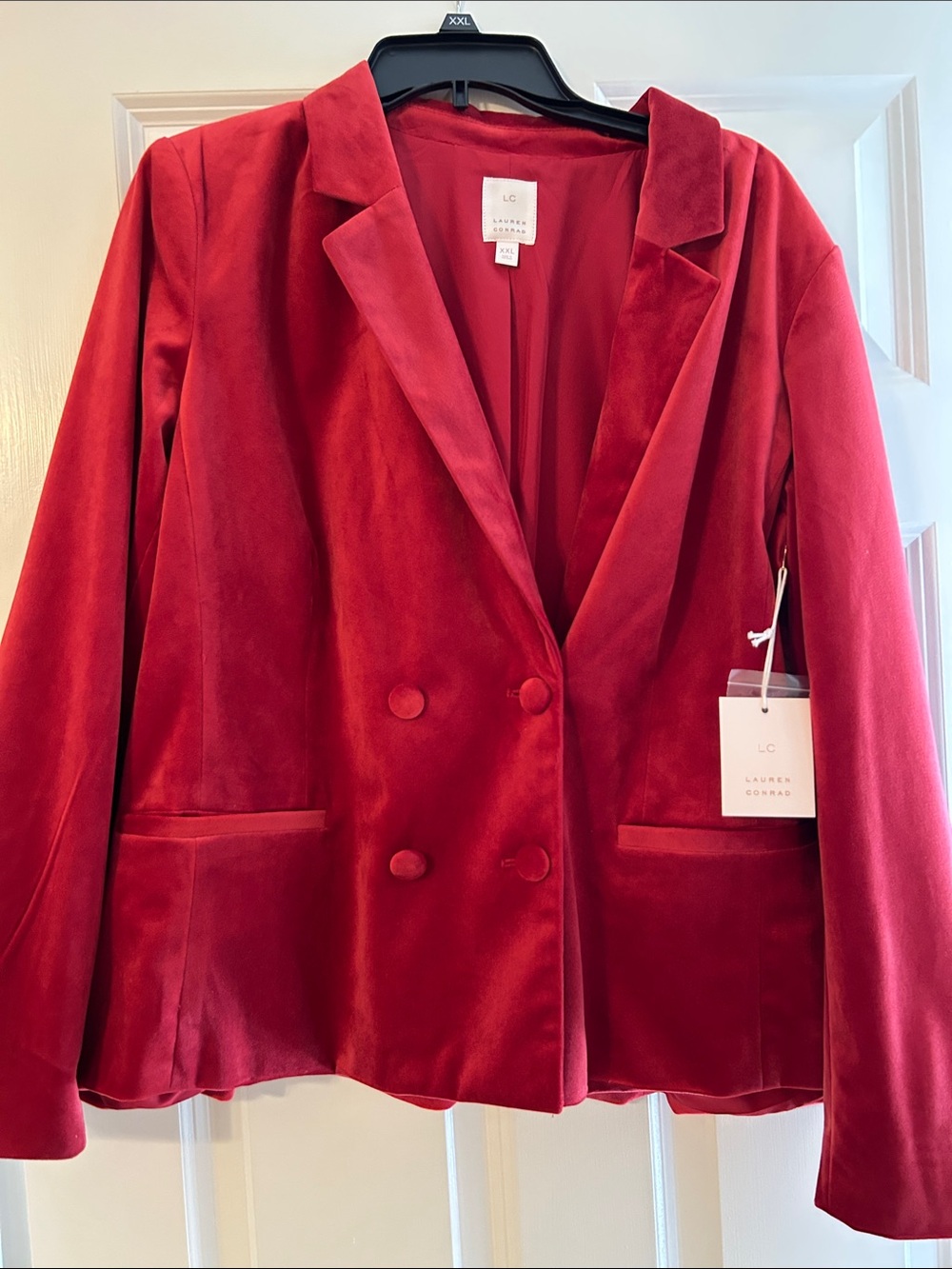 LC Lauren Conrad Crimson Velvet Double-Breasted Blazer